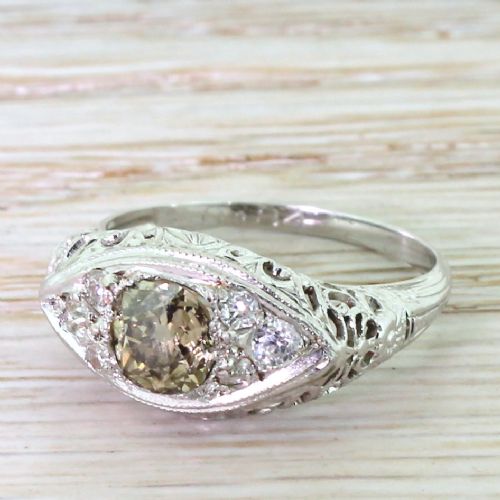 Art Deco 0.84 Carat Brownish Green Old Cut Diamond Ring, Circa 1940
