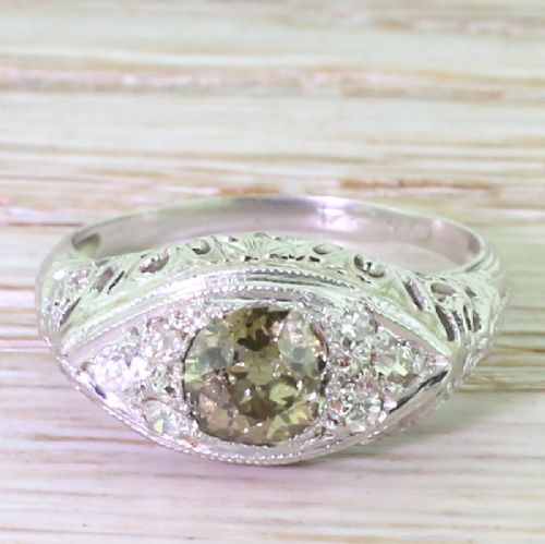 fig 1. Art Deco 0.84 Carat Brownish Green Old Cut Diamond Ring, circa 1940