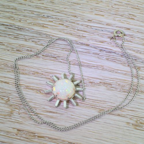 Art Deco Opal & Baguette Cut Diamond “Sun Burst” Pendant, Circa 1925
