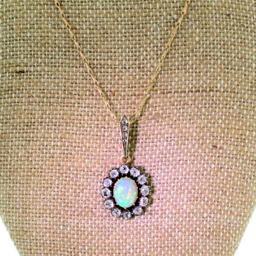 Victorian Opal & Old Cut Diamond Cluster Pendant, Circa 1890
