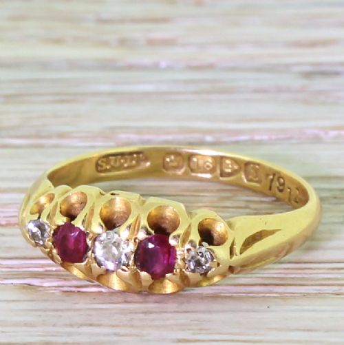 Edwardian Ruby & Diamond Five Stone Ring, Chester, Dated 1911
