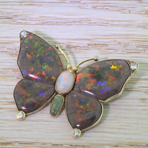 Mid Century Black, Grey & Green Opal Butterfly Brooch, 1950

