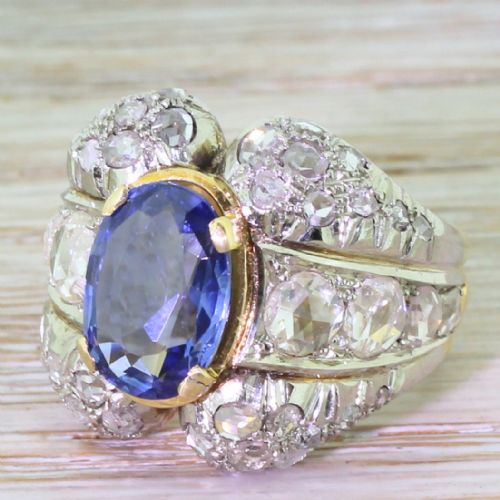 Art Deco 4.07 Carat Natural Sapphire & Rose Cut Diamond Ring, Circa 1930
