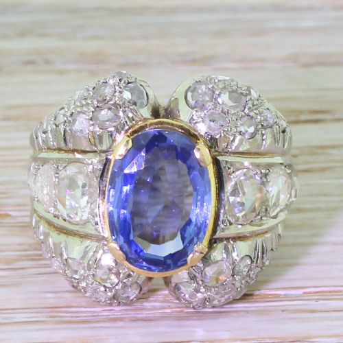 fig 1. Art Deco 4.07 Carat Natural Sapphire & Rose Cut Diamond Ring, circa 1930