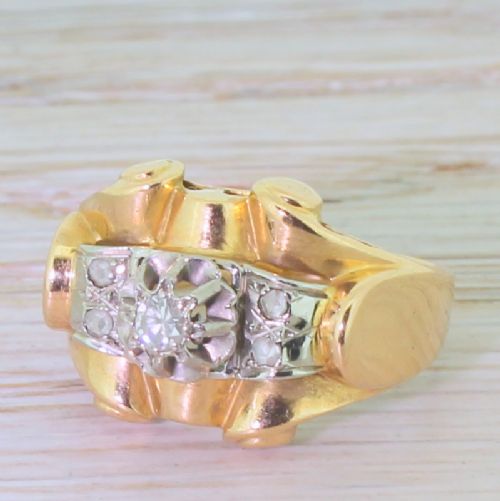 Art Deco 0.10 Carat Eight Cut Diamond “Scroll” Ring, French, Circa 1935
