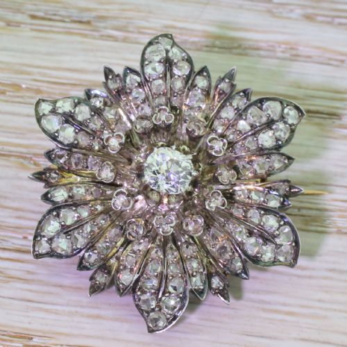 Victorian Old Cut Diamond & Rose Cut Diamond Flower Brooch, Circa 1860
