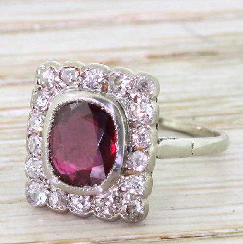 Art Deco 1.30 Carat Ruby & Old Cut Diamond Square Cluster Ring, Circa 1925
