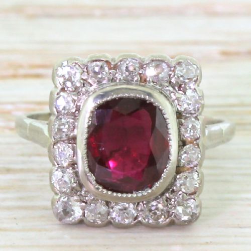 fig 1. Art Deco 1.30 Carat Ruby & Old Cut Diamond Square Cluster Ring, circa 1925