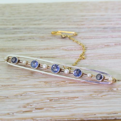 Art Deco Sapphire & Pearl Bar Brooch, Circa 1920
