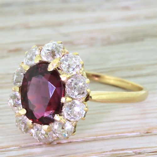 Art Deco 3.05 Carat Ruby & Old Cut Diamond Cluster Ring, French, Circa 1920
