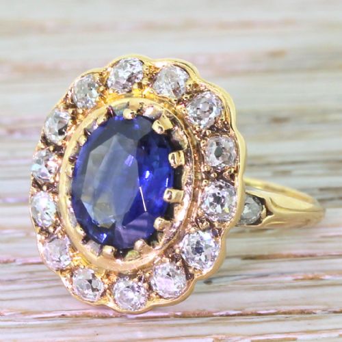 Victorian 2.00 Carat Sapphire & Old Cut Diamond Cluster Ring, Circa 1890
