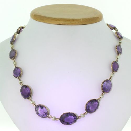 Victorian Amethyst & Pearl Riviere Necklace, Circa 1880
