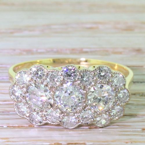 fig 1. Mid Century 2.07 Carat Old Cut Diamond Triple Daisy Cluster Ring, circa 1950