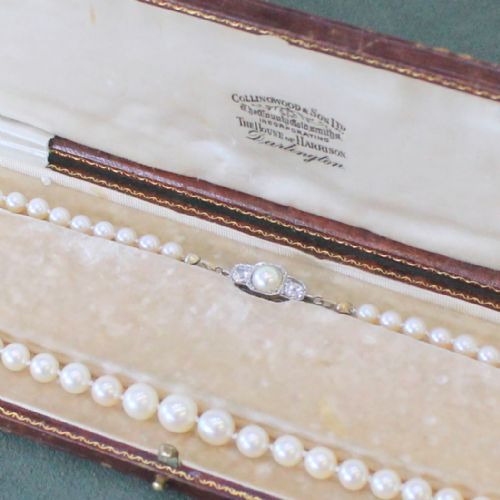 Art Deco Cultured Pearl Necklace with Diamond Clasp, Circa 1935
