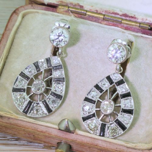 Art Deco 1.84 Carat Old Cut Diamond & Onyx Drop Earrings, Circa 1930
