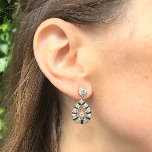 fig 1. Art Deco 1.84 Carat Old Cut Diamond & Onyx Drop Earrings, circa 1930