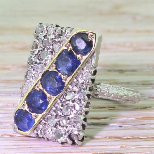 Edwardian Sapphire & Rose Cut Diamond “Sash” Plaque Ring, Circa 1910
