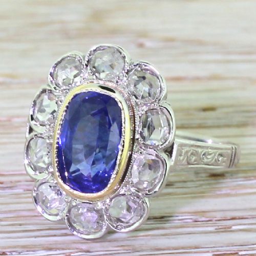 Art Deco 2.67 Carat Sapphire & Rose Cut Diamond Cluster Ring, Circa 1935
