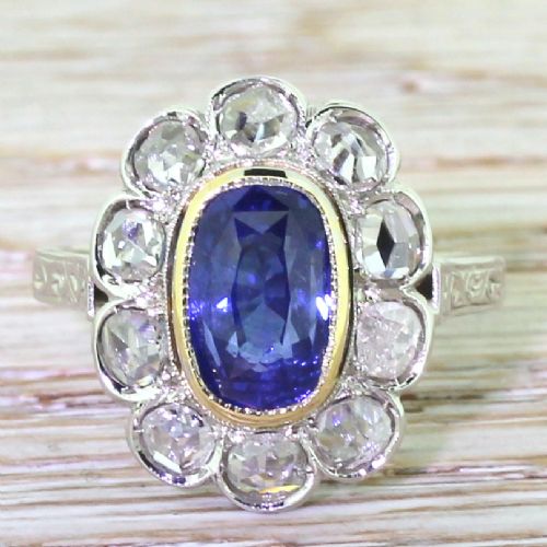 fig 1. Art Deco 2.67 Carat Sapphire & Rose Cut Diamond Cluster Ring, circa 1935