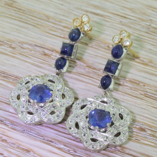 Art Deco Sapphire & Diamond Lotus Drop Earrings, Circa 1925
