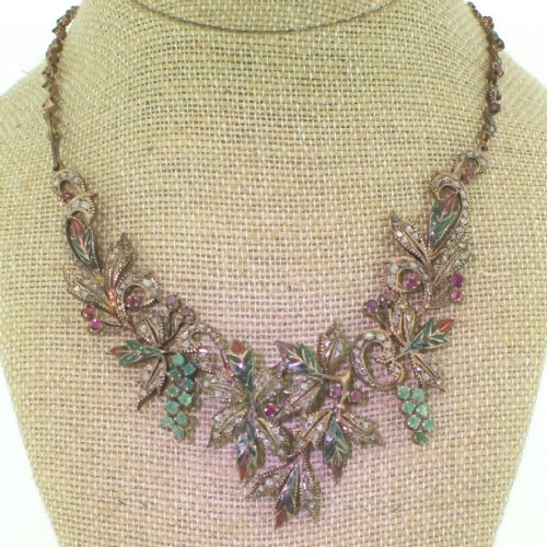 Victorian Diamond, Ruby & Emerald Foliate Necklace, Circa 1890
