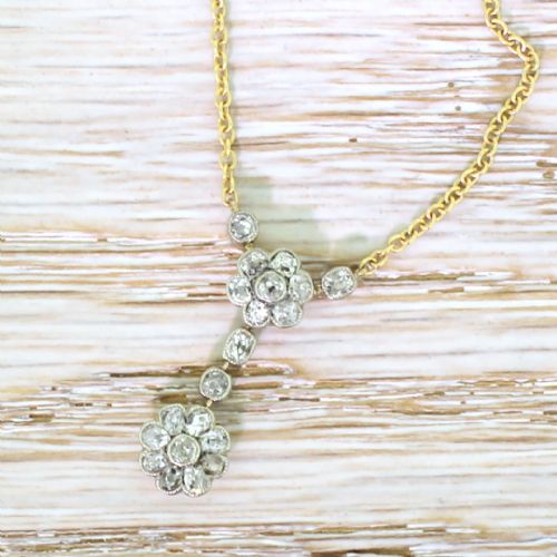 Edwardian Old Cut Diamond Double Daisy Pendant Necklace, Circa 1905
