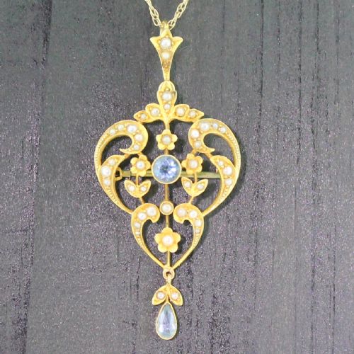Art Nouveau Aquamarine & Pearl Brooch / Pendant, Circa 1890
