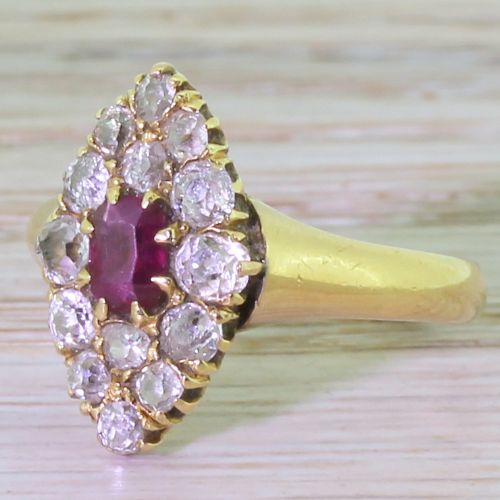 Victorian Ruby & Old Cut Diamond Navette Cluster Ring, Dated 1879
