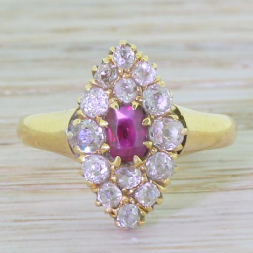 fig 1. Victorian Ruby & Old Cut Diamond Navette Cluster Ring, dated 1879