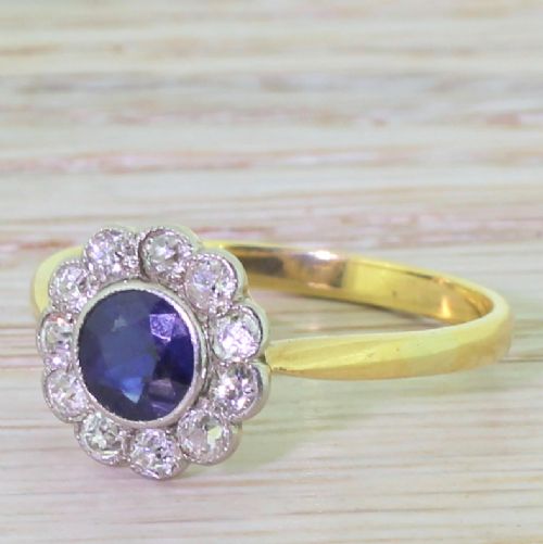Art Deco Sapphire & Old Cut Diamond Target Cluster Ring, Circa 1930