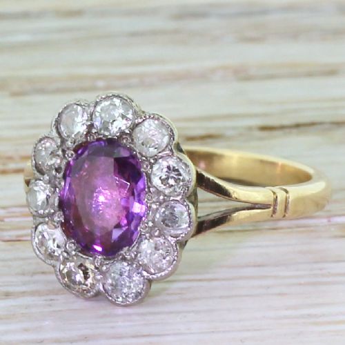 Victorian Pink Sapphire & Old Cut Diamond Cluster Ring, Circa 1890
