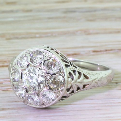 Art Deco 0.65 Carat Old Cut Diamond Filigree Cluster Ring, Circa 1935
