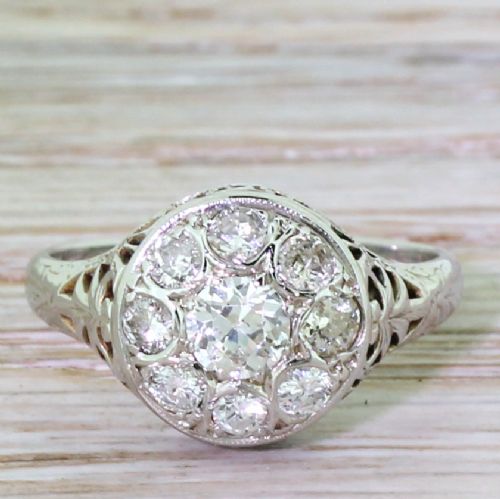 fig 1. Art Deco 0.65 Carat Old Cut Diamond Filigree Cluster Ring, circa 1935
