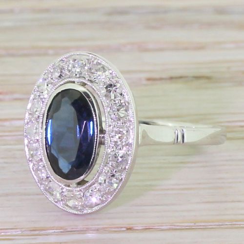 Art Deco 1.25 Carat Sapphire Diamond Halo Ring, French, Circa 1935
