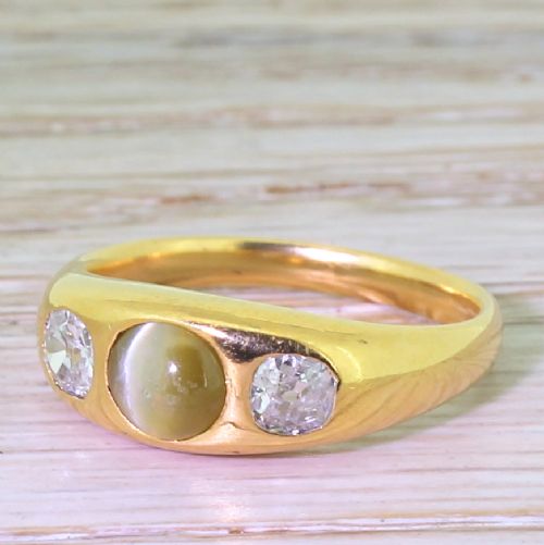 Victorian Cat’s Eye Chrysoberyl & Old Cut Diamond Gypsy Ring, Circa 1900
