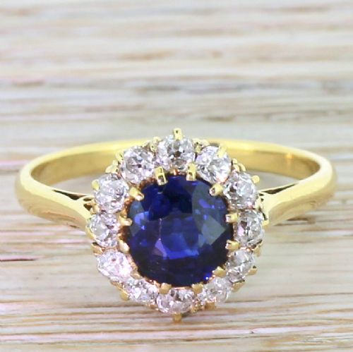 fig 1. Victorian 1.40 Carat Natural Sapphire & Old Cut Diamond Cluster Ring, circa 1900
