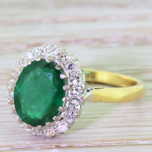 Mid Century 2.00 Carat Emerald & Diamond Cluster Ring, Circa 1950
