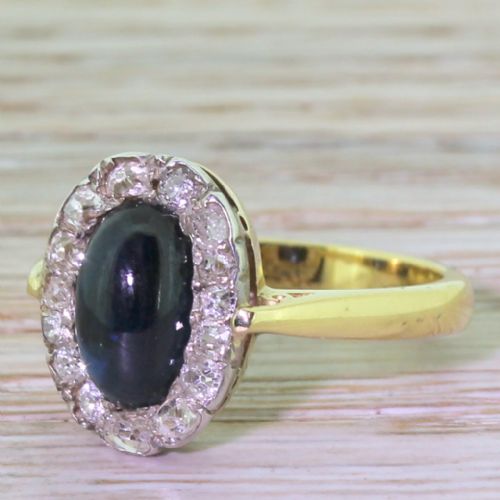Victorian Cabochon Sapphire & Old Cut Diamond Cluster Ring, Circa 1880
