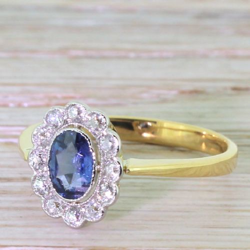 Art Deco 1.00 Carat Sapphire & Old Cut Diamond Cluster Ring, Circa 1930
