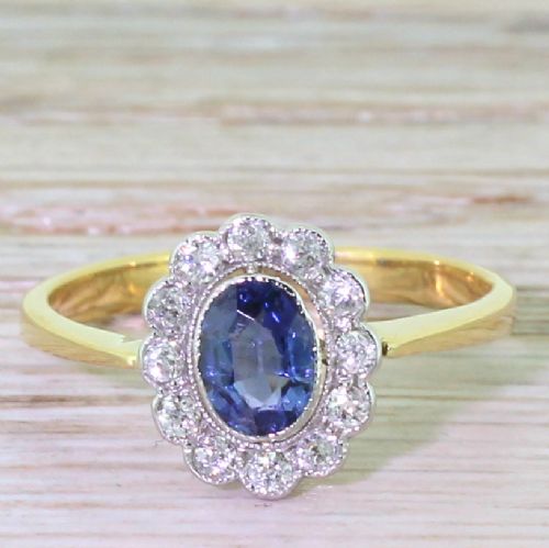 fig 1. Art Deco 1.00 Carat Sapphire & Old Cut Diamond Cluster Ring, circa 1930
