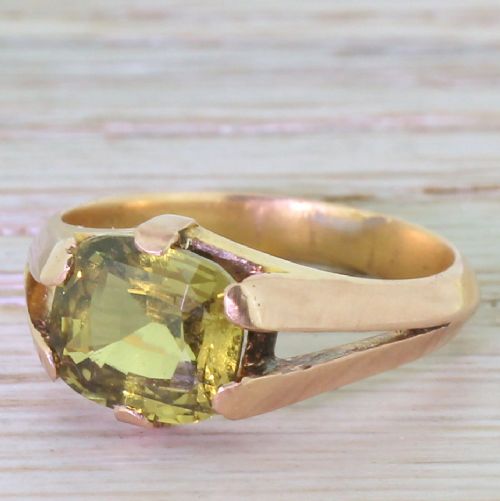 Victorian 3.47 Carat Green Sapphire Gypsy Style Ring, Circa 1900

