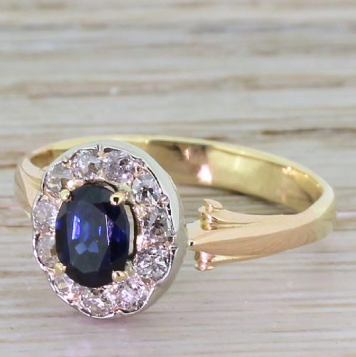 Art Deco 0.65 Carat Sapphire & Old Cut Diamond Cluster Ring, Circa 1935
