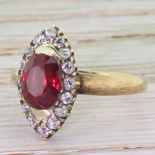Victorian 1.51 Carat Ruby & Old Cut Diamond Navette Ring, Circa 1890
