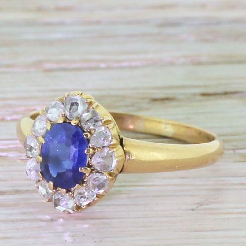 Victorian 0.70 Carat Sapphire & Rose Cut Diamond Cluster Ring, Circa 1880
