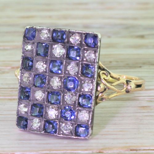 Edwardian Sapphire & Diamond Checkerboard Plaque Ring, Circa 1905
