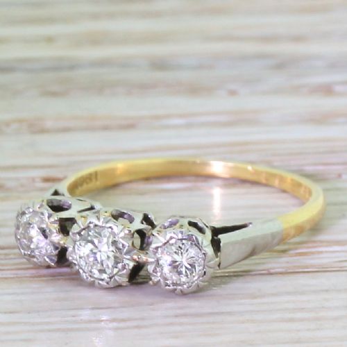 Art Deco 0.35 Carat Old European Cut Diamond Trilogy Ring, Circa 1935
