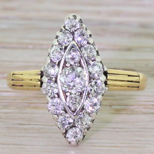 fig 1. Victorian 1.27 Carat Old Cut Diamond Navette Ring, circa 1900