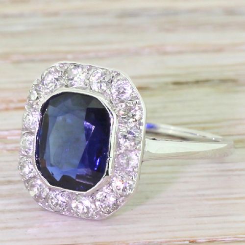 Art Deco 2.50 Carat Sapphire & Old Cut Diamond Ring, Austrian, Circa 1930
