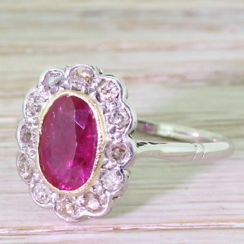 Retro 1.70 Carat Ruby & Old Cut Diamond Cluster Ring, Circa 1945
