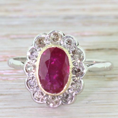fig 1. Retro 1.70 Carat Ruby & Old Cut Diamond Cluster Ring, circa 1945
